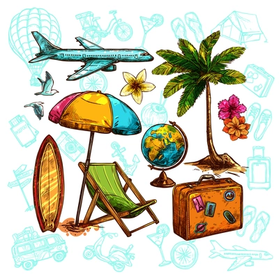 Travel sketch set with sunshade globe and palm vector illustration