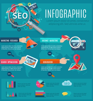 Seo infographics set with human hands holding programming symbols objects and charts vector illustration