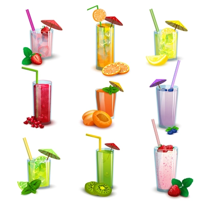 Best summer long glasses fresh fruit cocktail drinks and milkshakes flat icons set abstract isolated vector illustration