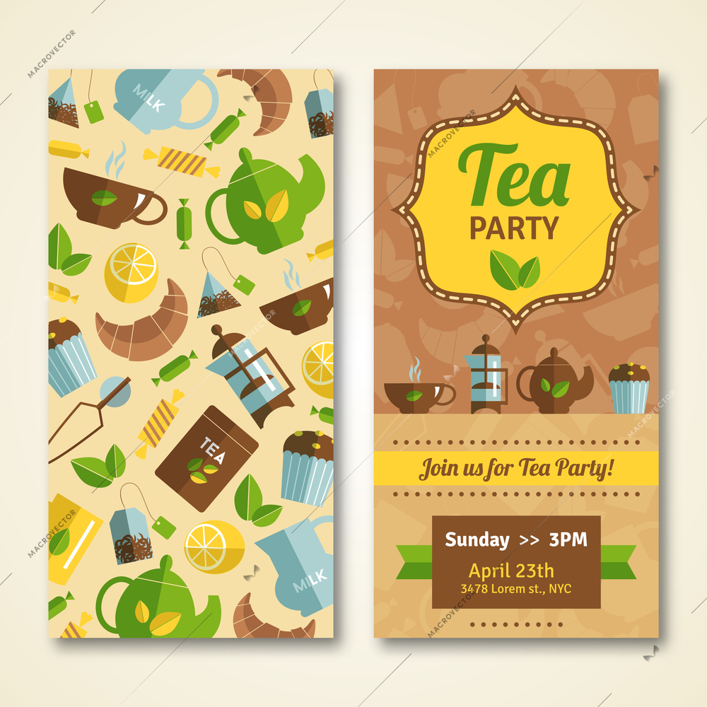 Tea party announcement two banners with  teapot cupcake and event date and time abstract isolated vector illustration. Editable EPS and Render in JPG format