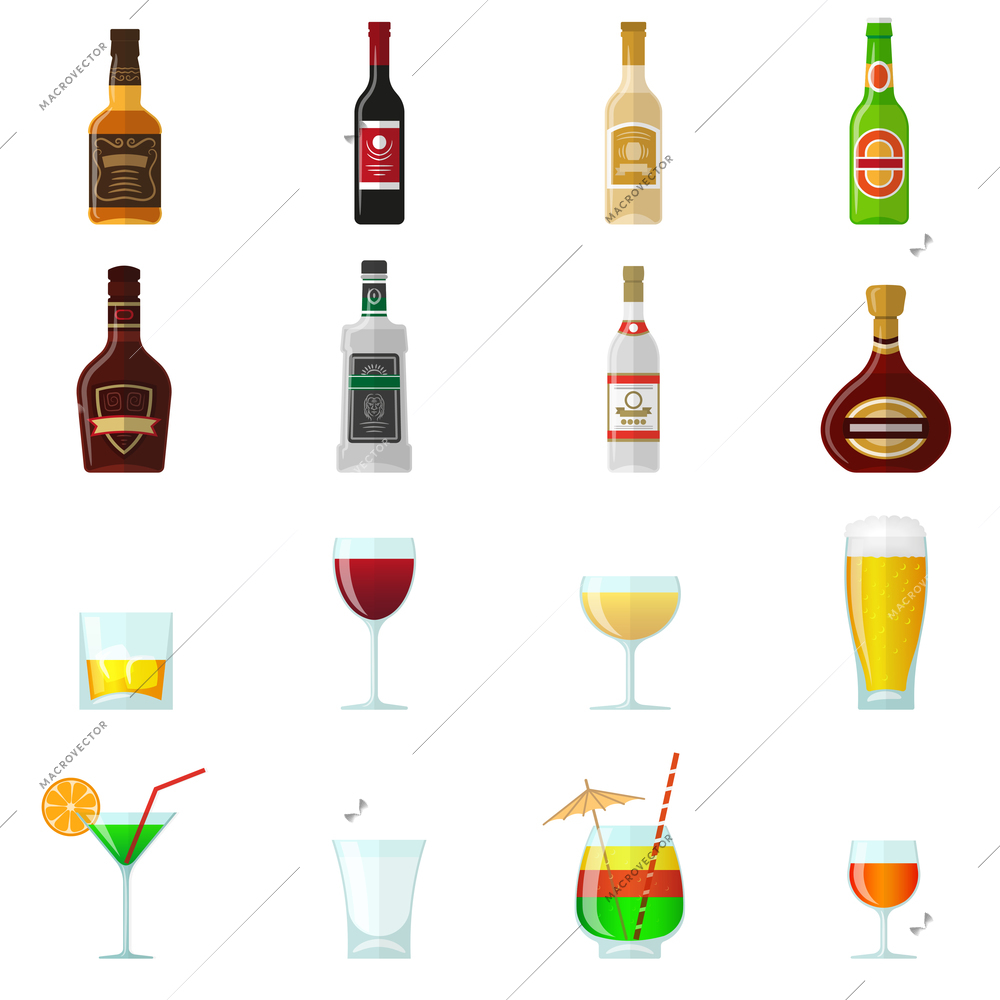 Alcohol flat icons set with whiskey brandy bottles and cocktail glasses isolated vector illustration