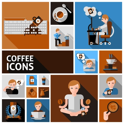 Coffee and morning icons set with cup computer and newspaper flat isolated vector illustration