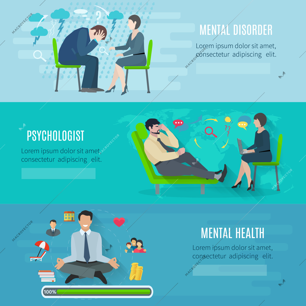 Mental disorder psychological treatment with principles of regaining balance flat horizontal banners set abstract isolated vector illustration