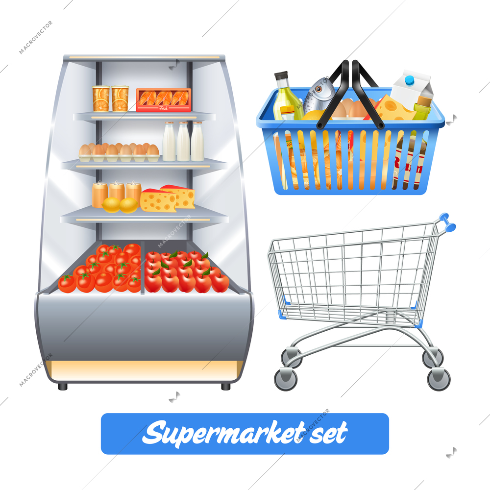 Supermarket set with realistic food shelves shopping basket and empty trolley isolated vector illustration