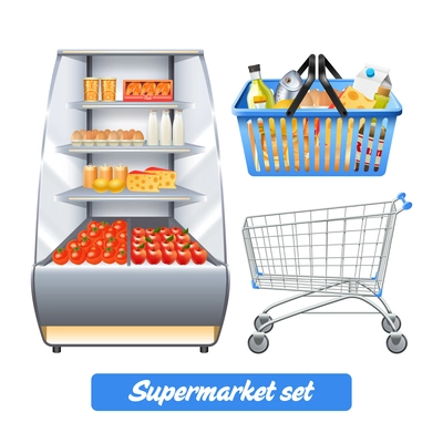 Supermarket set with realistic food shelves shopping basket and empty trolley isolated vector illustration