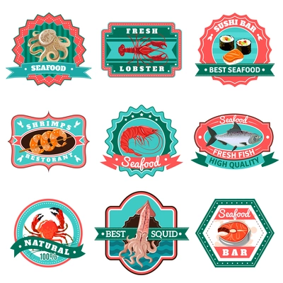 Premium quality seafood and fish menu emblems set isolated vector illustration