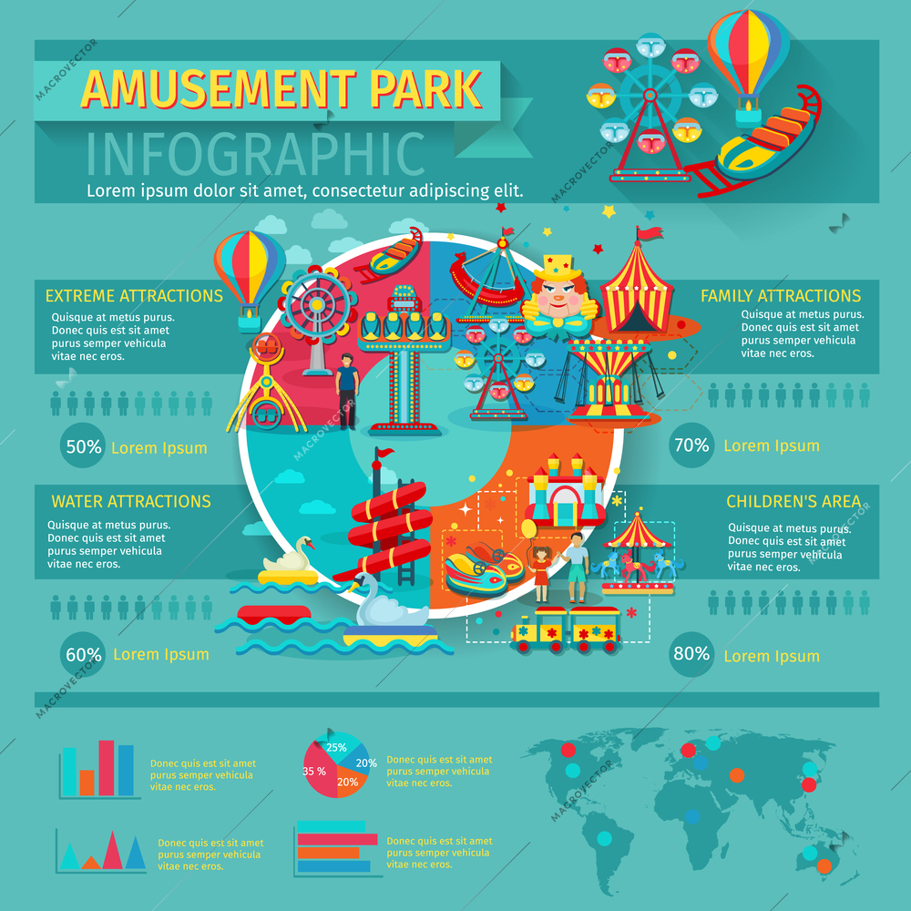 Amusement park infographics set with family attractions symbols and charts vector illustration