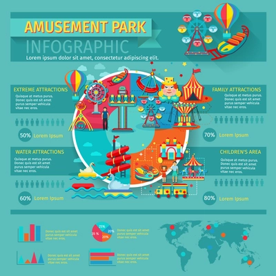 Amusement park infographics set with family attractions symbols and charts vector illustration