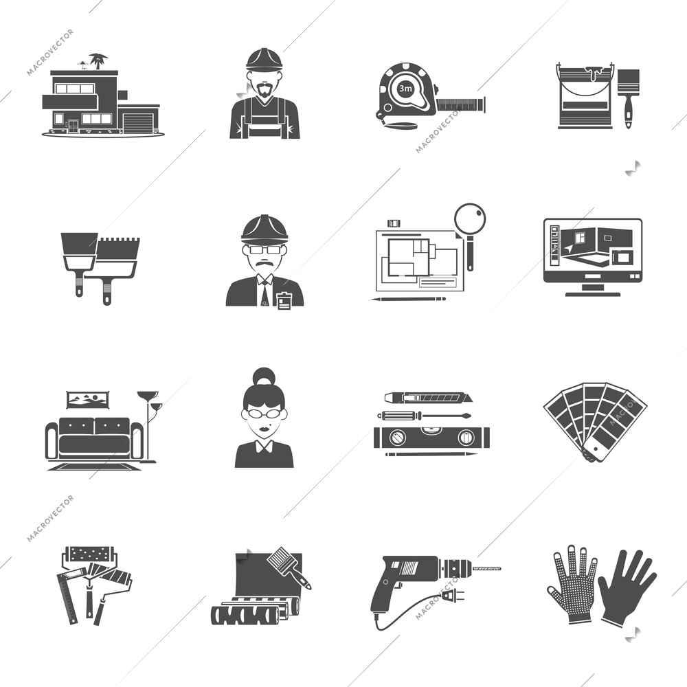 Interior design black icons set with housing and decor elements isolated vector illustration