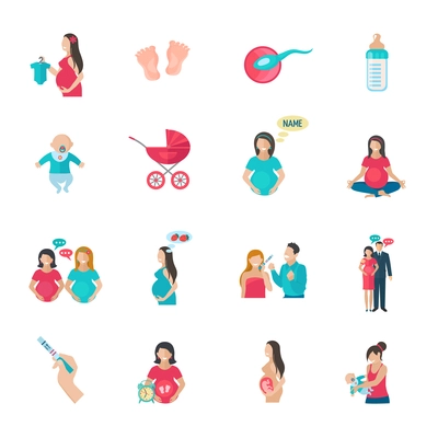 Pregnancy reproduction and childbirth icons flat set isolated vector illustration