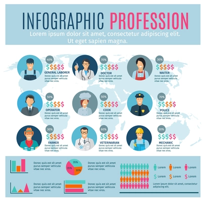 Professions infographics set with charts and world map on background vector illustration