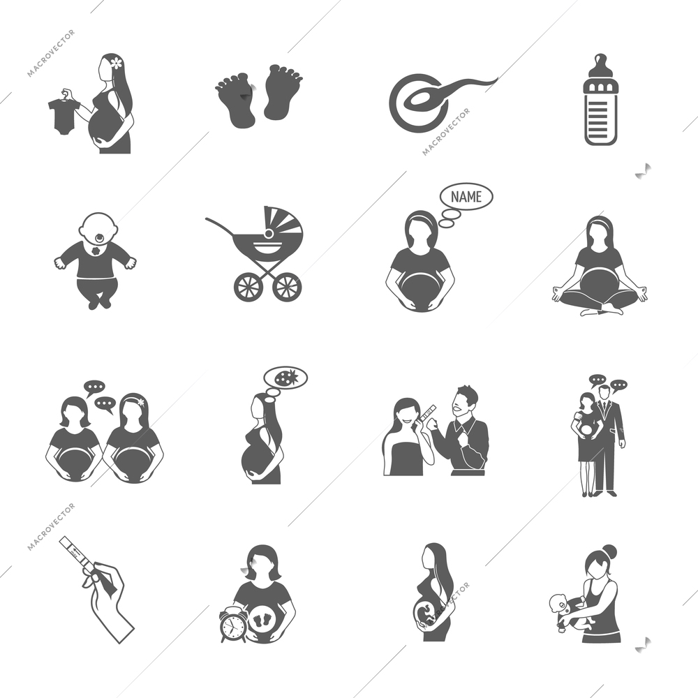 Pregnancy black icon set with expectant mother and child symbols isolated vector illustration