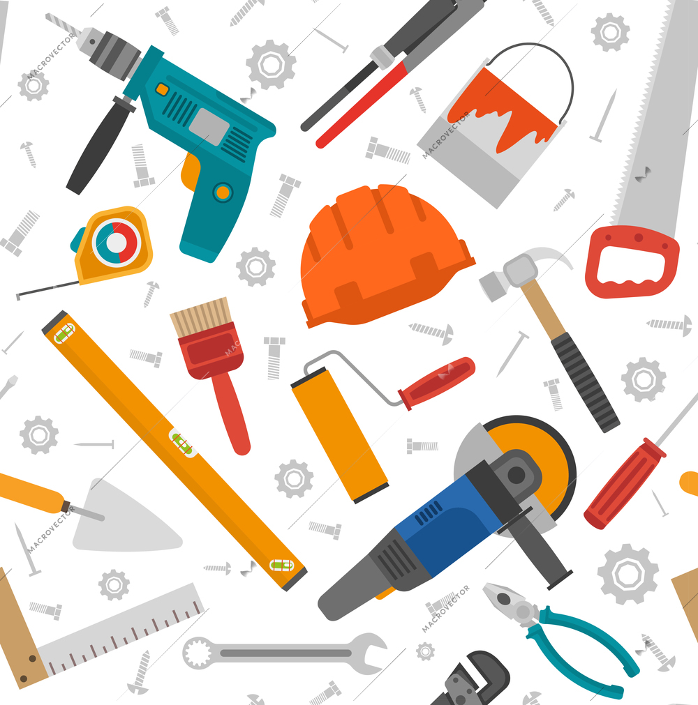 Construction tools seamless pattern with hammer level painting roller vector illustration