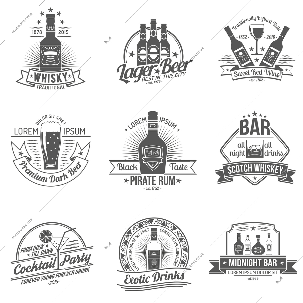 Alcohol drinks premium quality black label set isolated vector illustration