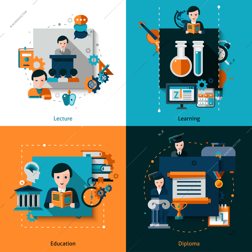 University design concept set with lecture and learning flat icons isolated vector illustration