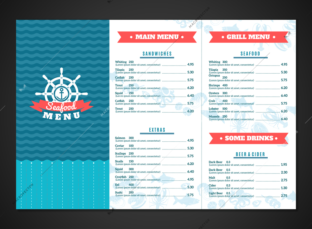 Seafood restaurant menu template with fish and sea animals dishes vector illustration