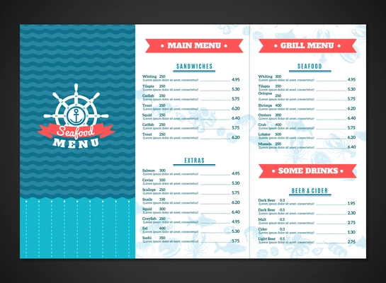 Seafood restaurant menu template with fish and sea animals dishes vector illustration