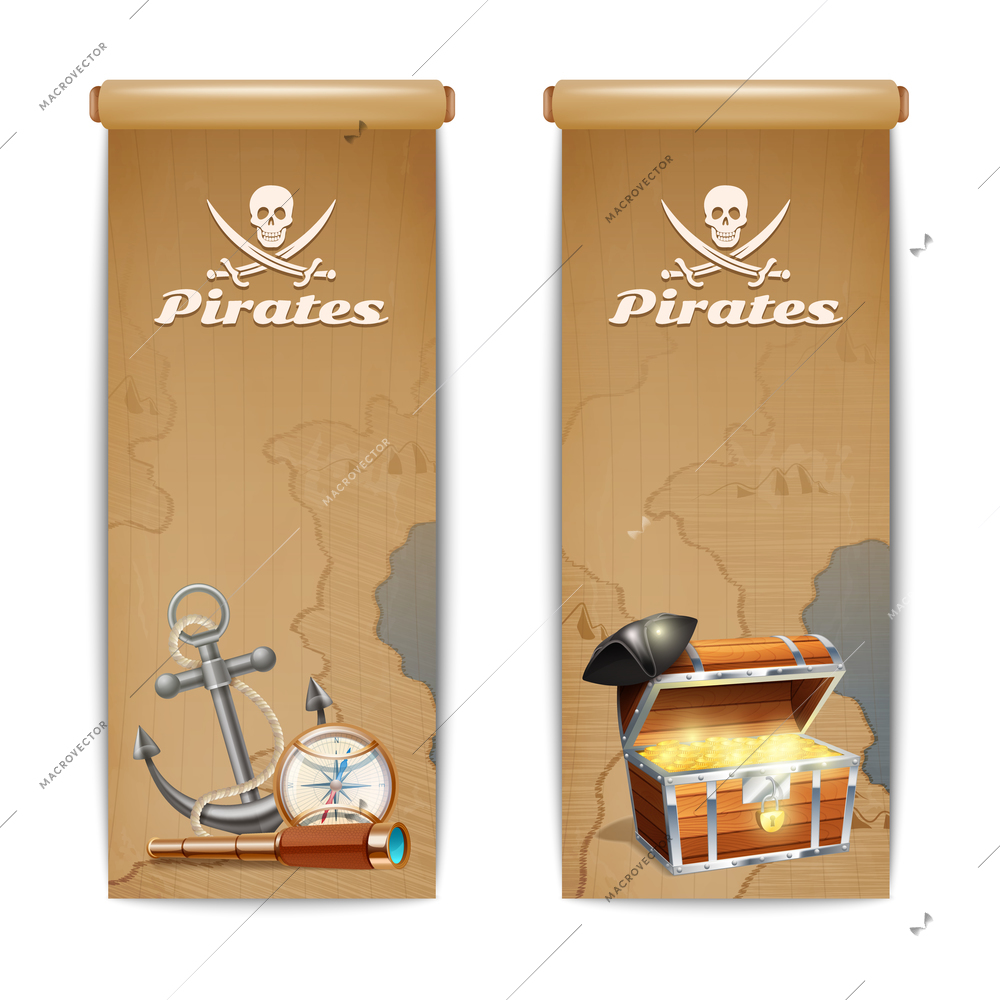 Pirate banner vertical set with retro treasure hunt symbols isolated vector illustration