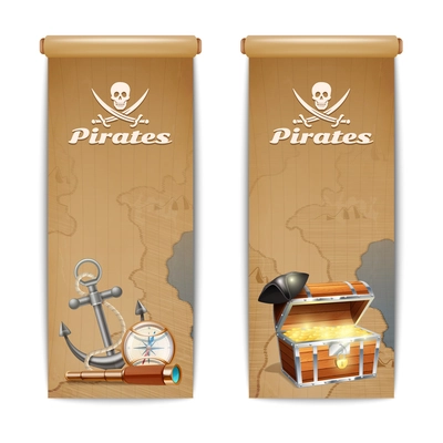 Pirate banner vertical set with retro treasure hunt symbols isolated vector illustration