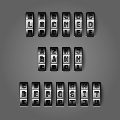 Locked bank deposit words by mechanical alphabet for combination codes concept vector illustration