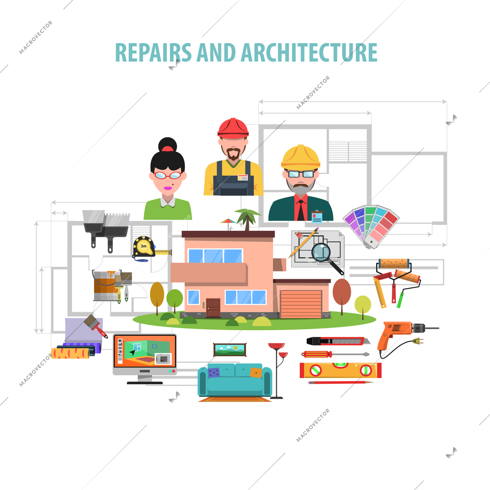 Interior design concept with flat repairs and architecture icons set vector illustration