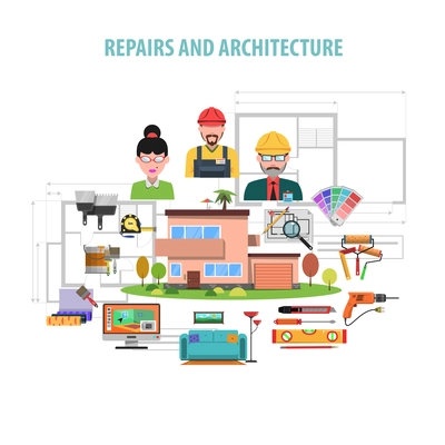 Interior design concept with flat repairs and architecture icons set vector illustration