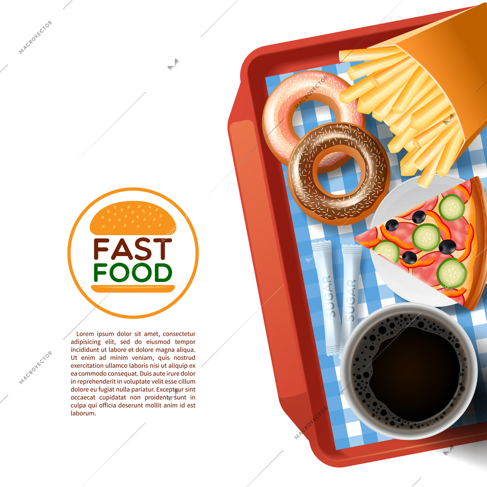 Fast food emblem and tray with donuts pizza and black coffee cup background poster abstract vector illustration