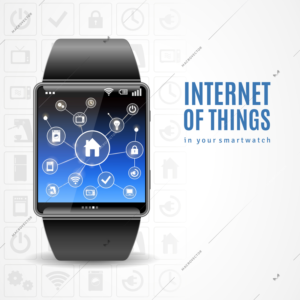 Internet of things in smart wrist multimedia watch gadget management scheme realistic color concept vector illustration