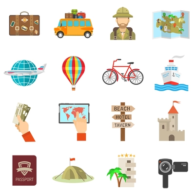 Travel icons flat set with tent ticket and passport isolated vector illustration