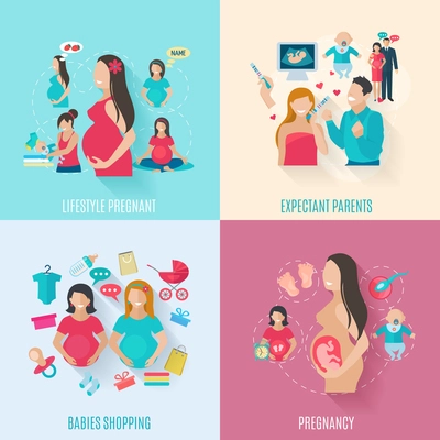 Pregnancy design concept set with parents and babies flat icons isolated vector illustration