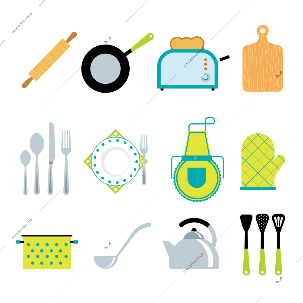 Kitchen utensils gadgets and accessories icons collection with toaster and rolling pin flat abstract isolated vector illustration