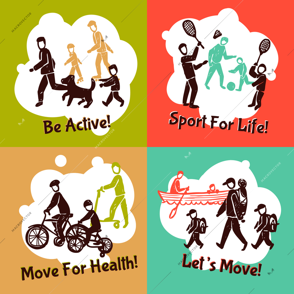 Physical activity design concept set with active family people sketch silhouettes isolated vector illustration