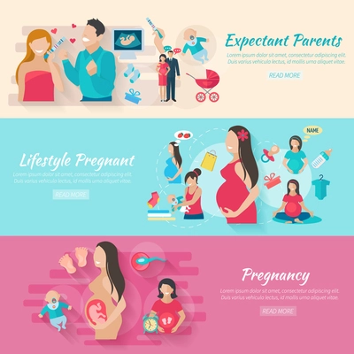 Pregnancy horizontal banner set with parents and babies flat elements isolated vector illustration