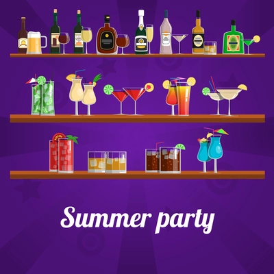 Summer cocktail party concept with drinks and refreshments on shelves vector illustration