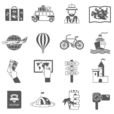 Travel icons black set with globe bicycle palm bus isolated vector illustration