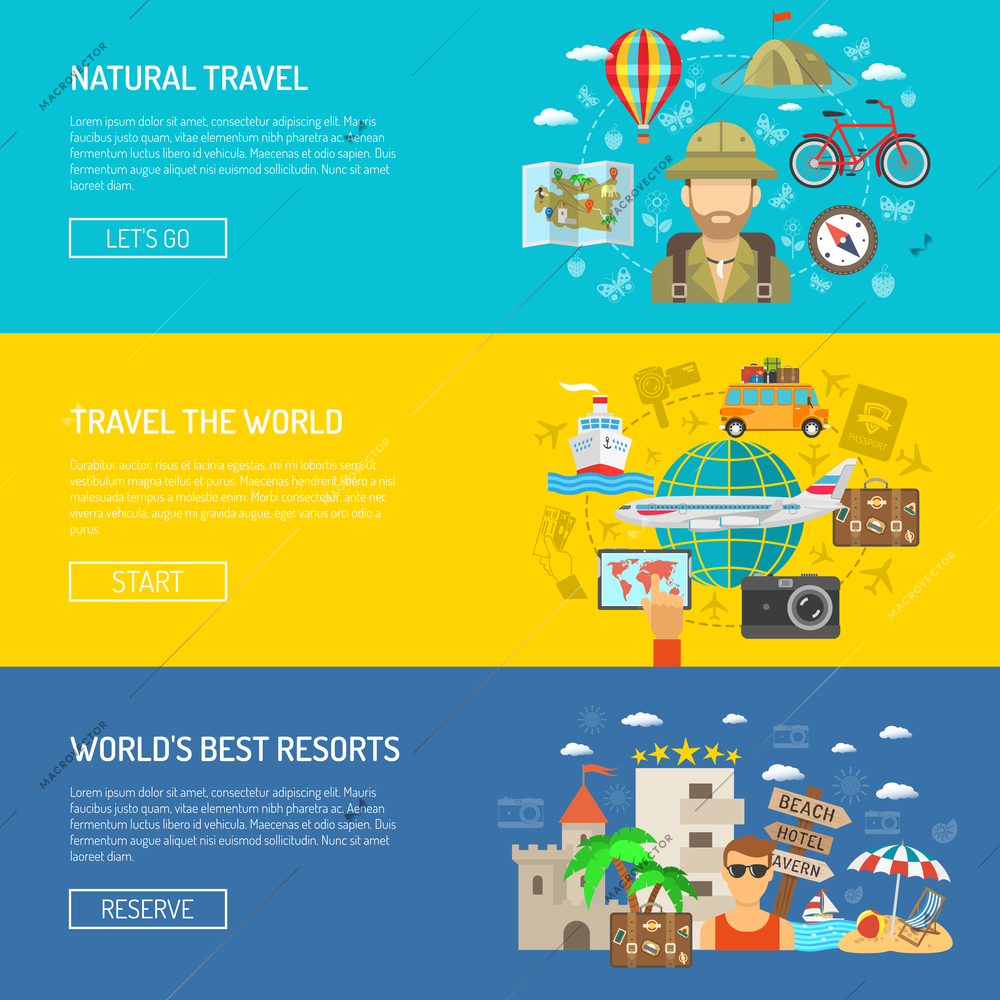 Natural travel around the world and best resorts flat color horizontal banner set isolated vector illustration