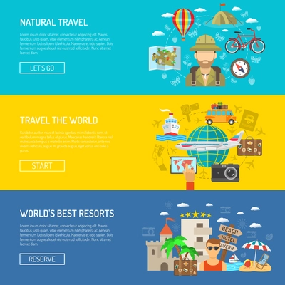 Natural travel around the world and best resorts flat color horizontal banner set isolated vector illustration