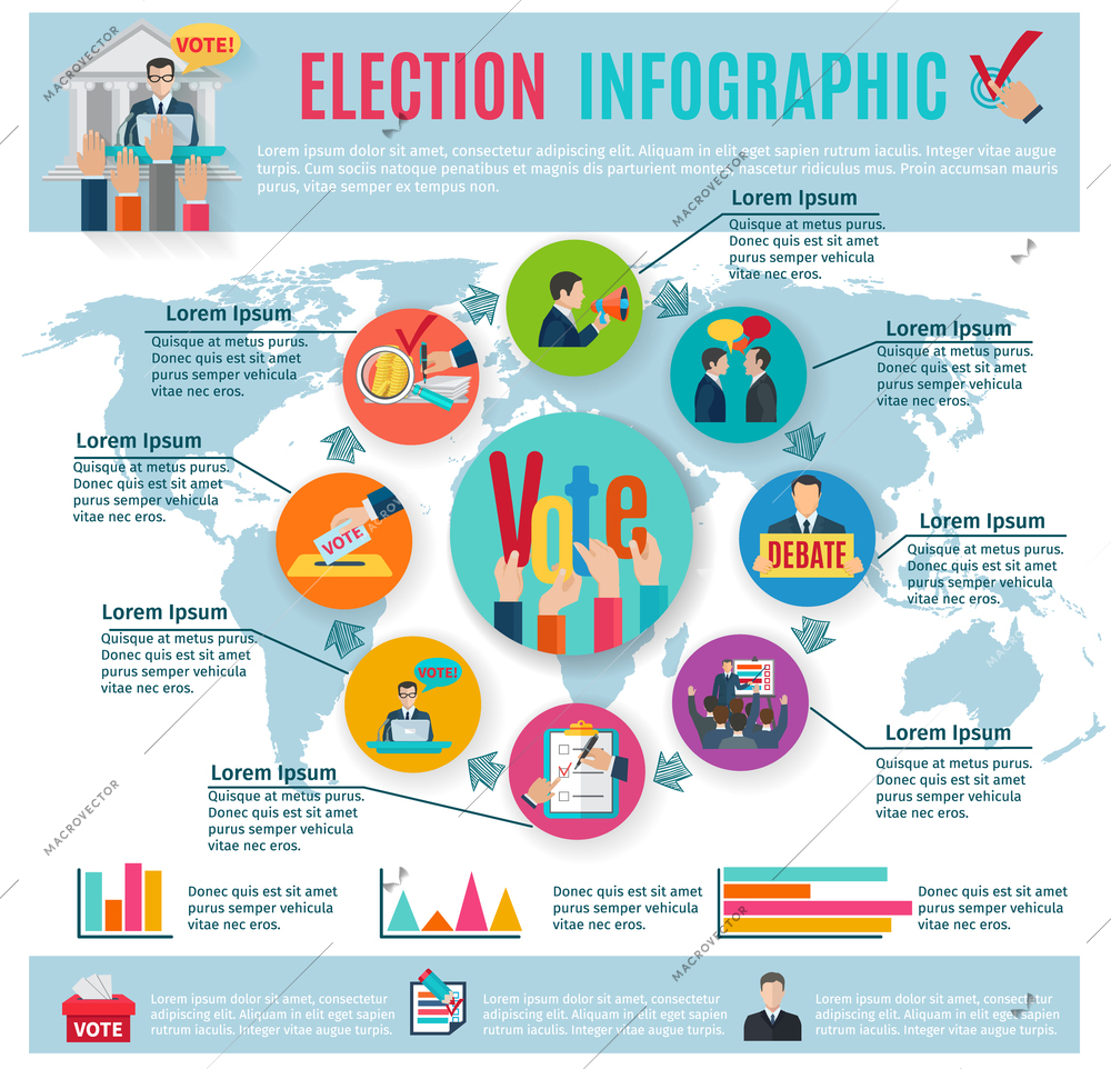 Election infographics set with voting symbols and charts vector illustration