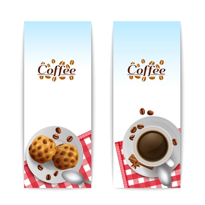 Morning  breakfast with cup of black coffee with cookies 2 vertical banners set  abstract isolated vector illustration