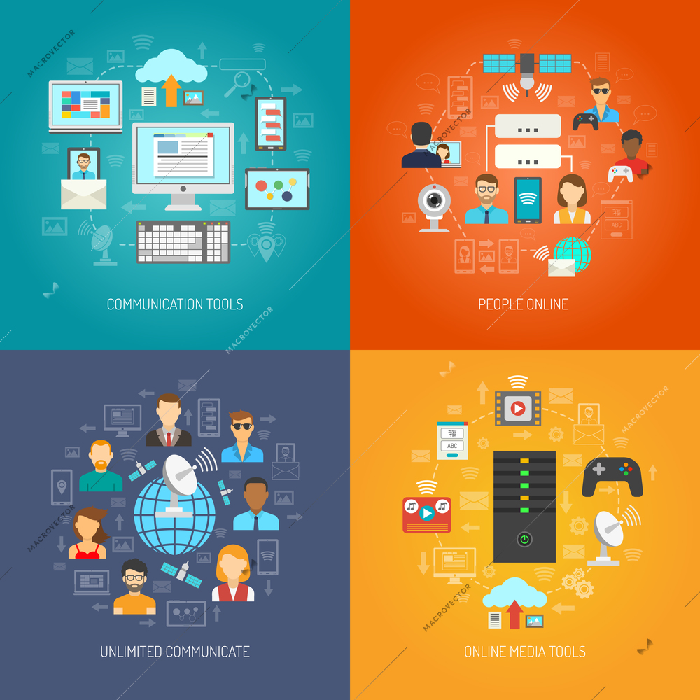 It design concept set with online media tools flat icons isolated vector illustration