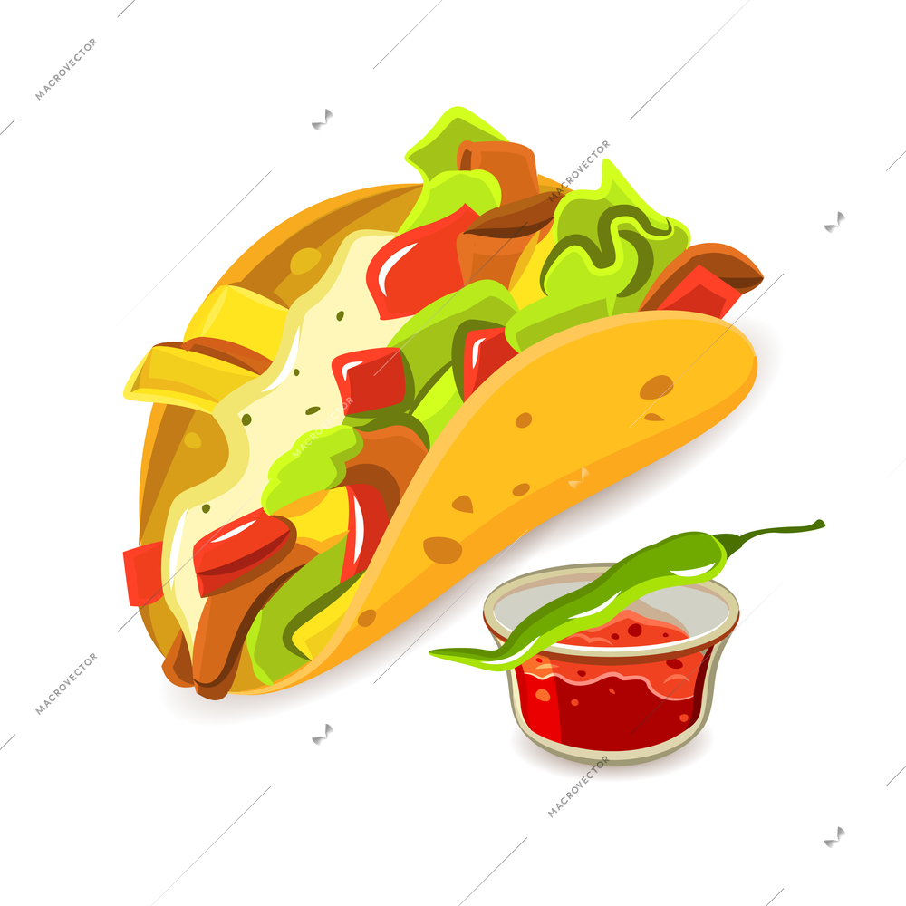 Mexican tradition cuisine dish taco and chili pepper bright color flat concept isolated vector illustration