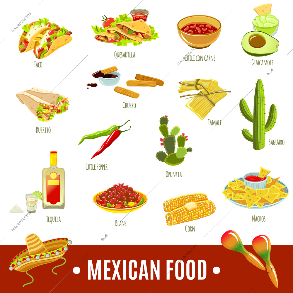 Mexican national tradition food drink and features bright color flat icon set isolated vector illustration