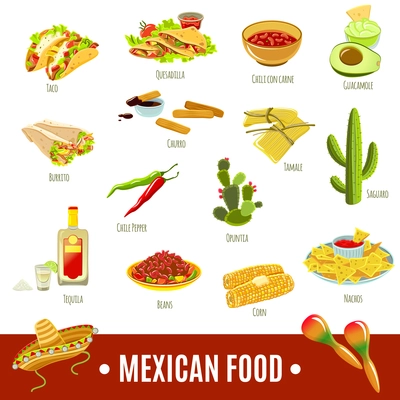 Mexican national tradition food drink and features bright color flat icon set isolated vector illustration