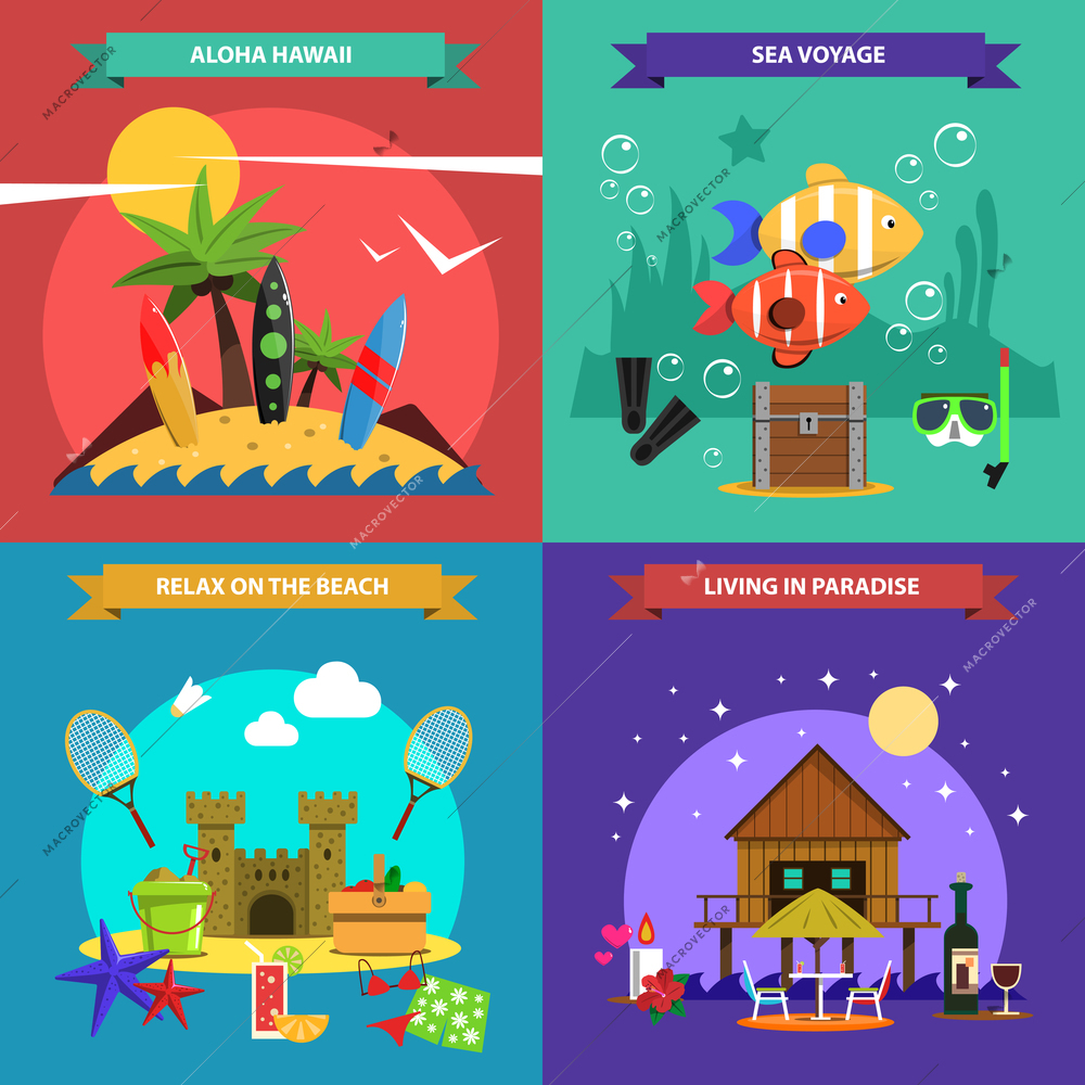 Beach design concept set with sea voyage flat icons isolated vector illustration