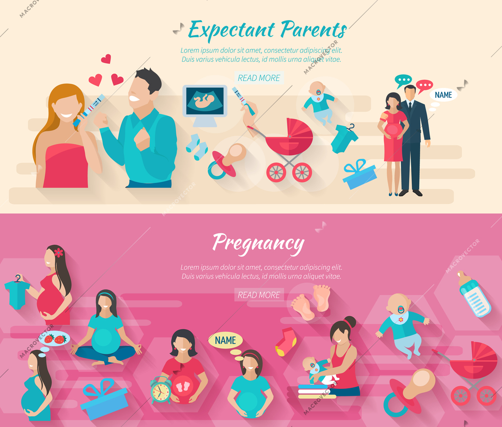 Pregnancy horizontal banner set with parents and childbirth flat elements isolated vector illustration