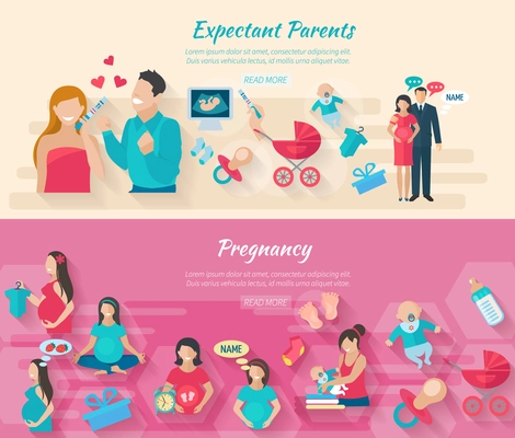 Pregnancy horizontal banner set with parents and childbirth flat elements isolated vector illustration