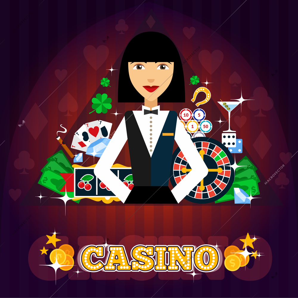 Casino dealer concept with cards roulette cocktail and shamrock flat vector illustration