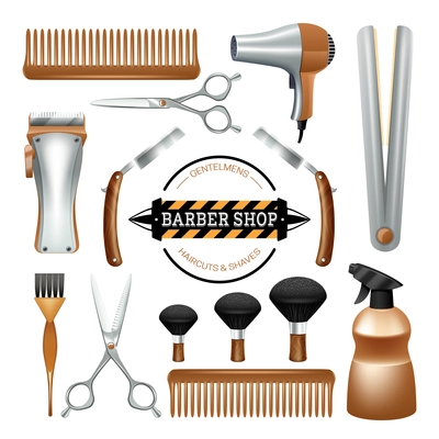 Barbershop sign and tools comb scissors brush razor color decorative icon set isolated vector illustration