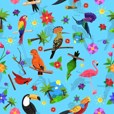 Exotic bird colorful seamless pattern with toucan flamingo and arara vector illustration