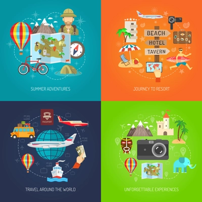 Summer adventure journey to resort and travel around world flat color decorative icon set isolated vector illustration